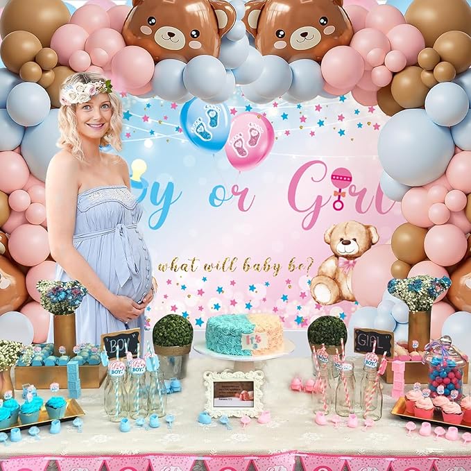 We Can Bearly Wait Baby Shower Decorations for Girl Boy, 125 Pcs Pink Blue Plastic Party Supplies - Bear Balloons,Pink Blue Brown Balloons , Backdrop for Baby Shower & Gender Reveal
