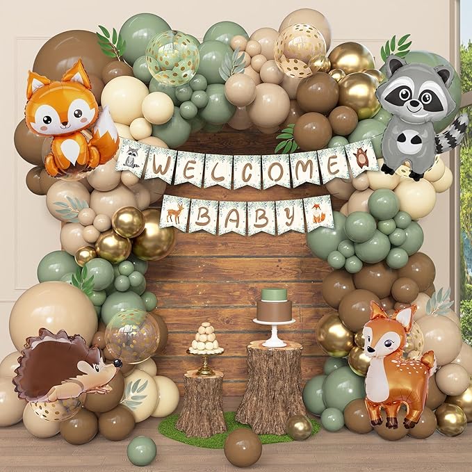 167Pcs Woodland Animals Baby Shower Decorations, Woodland Balloon Garland Arch Kit with Welcome Baby Banner Sage Green Brown Neutral Forest Animal Foil Balloons for Forest Safari Jungle Party Supplies