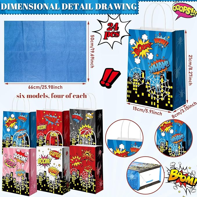 Epakh 24 Pack Hero Party Favors Bags with Tissue Paper and Handle Recyclable Treat Cookie Candy Gift Bag Comic Hero Decorations Boom Theme Birthday Decorations Supplies