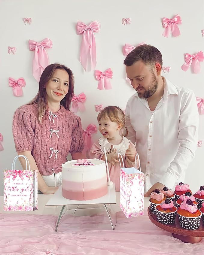 16 Pcs A Sweet Little Girl is on The Way Baby Shower Goodie Bag,Pink Bow Girls Gift Snacks Treat Candy Party Favors Bags for Pink Floral Theme Baby Shower Gender Reveal Party Decorations Supplies