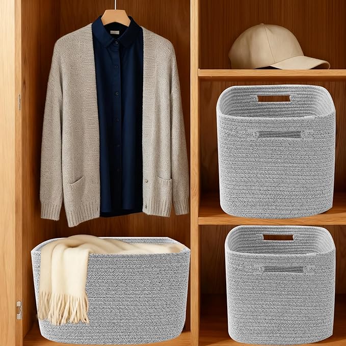 3 Pack Woven Rope Storage Baskets for Organizing,13.5"×11"×9.5"Storage Bins for Shelves,Perfect for Toys,Books,Towels,Clothes,Empty Gift Baskets for Nursery,Living Room&Bedroom(Mix Grey)