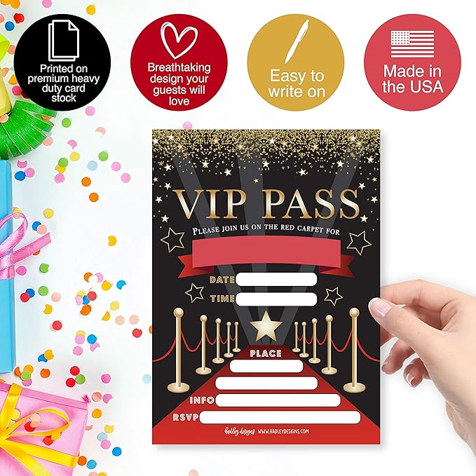 Hadley Designs Kids Birthday Invitations For Boys and Girls VIP Theme - 25 Movie Birthday Party Invitations For Boys, VIP Invites For Girls, Cute Popcorn Party Supplies, Made In USA