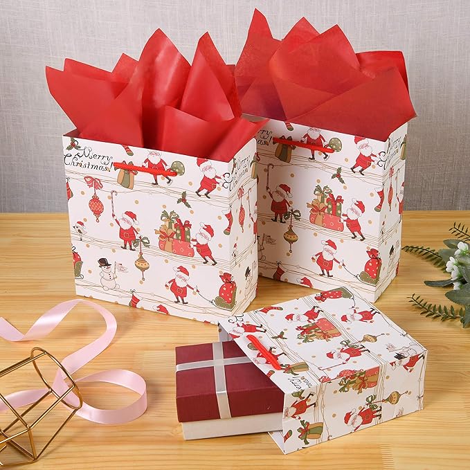SHIPKEY 12 Pack Christmas Gift Bags, Santa Claus Holiday Paper Bags in 3 Assorted Sizes with Tissue Paper, Reusable Xmas Treat Bags for Gifts, Parties, and Holiday Wrapping