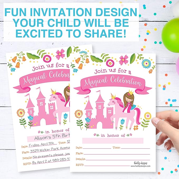 Hadley Designs Kids Birthday Invitations Girl Unicorn Theme - 25 Royal Birthday Party Invitations For Girls, Princess Invites For Girls, Cute Fairytale Party Supplies, Made in USA