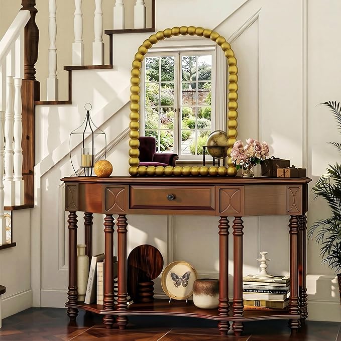 24"×36" Gold Arched Bathroom Vanity Mirror, Vintage Beaded Decorative Wall Mounted Makeup Mirror, as Wall Decor Hanging Leaning for Fireplace Mantle, Living Room, Bedroom, Vanity Area