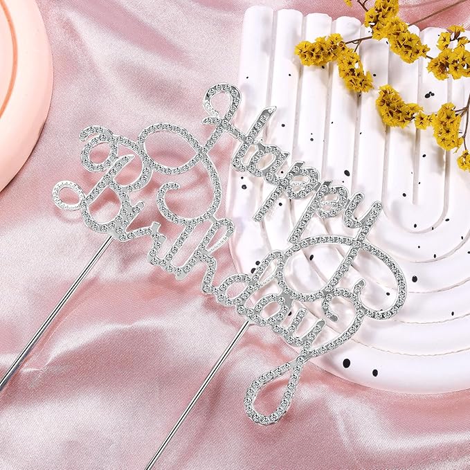 Happy Birthday Cake Topper Silver Crystal Rhinestone Birthday Cake Decoration for Women Metal Birthday Party Sparkly Bling Diamond Cake Topper Party Decoration Centerpieces Keepsake