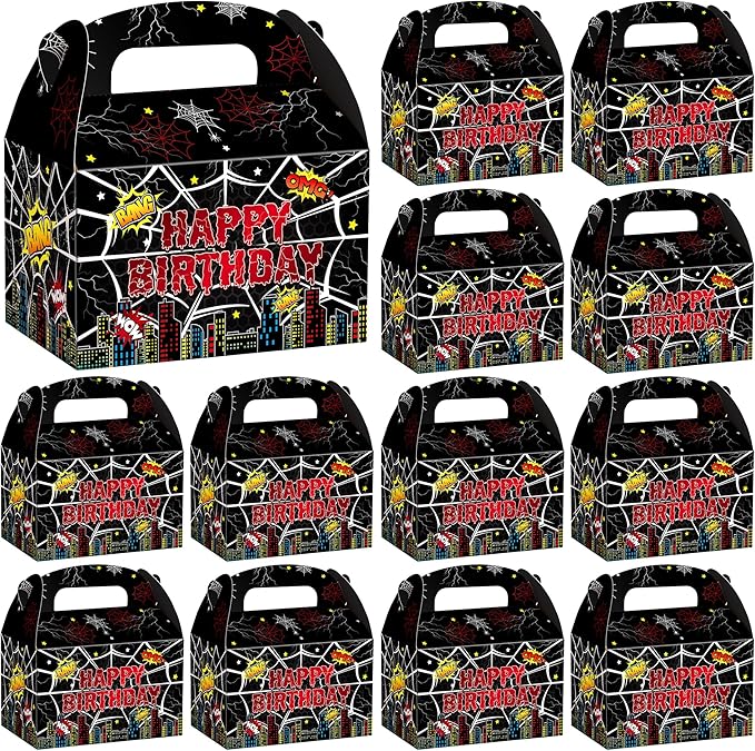 KMZFPYJ Black Spider Web Birthday Party Supplies, 20-Pack Party Favor Boxes for Kids Birthday, Double Sided Printed,Kraft Candy Treat Goodie Boxes For Party Baby Shower Decorations Supplies
