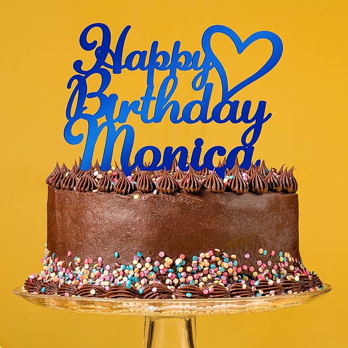 Personalized Birthday Cake Topper - Happy Birthday Cake Toppers w/Name and Heart - Custom Acrylic Cake Decorations, Birthday Cake Topper for Birthday Party - 3 Mirrored Acrylic Colors