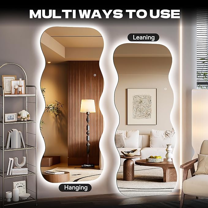 Hasipu Wavy Full Length Mirror with Lights - 71"×24" LED Wavy Floor Mirror, Frameless, Dimmable, Standing or Vertical/Horizontal Wall-Mounted Mirror for Bedroom, Living Room, Cloakroom