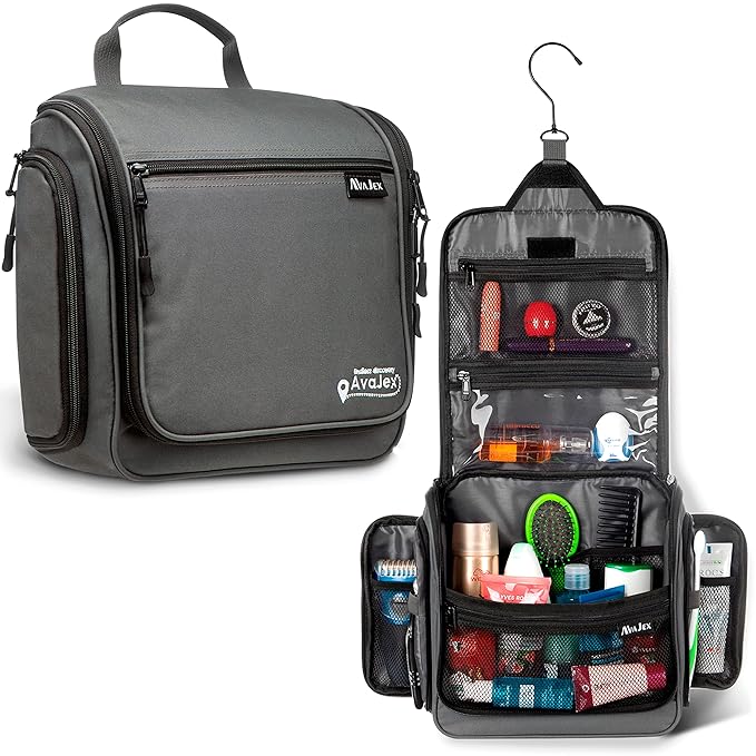 Travel Toiletry Bag for Men and Women - (10.6”x10.6”x3.2”) Large Hanging Toiletry Organizer - Waterproof Hygiene Bag with Metal XXL Swivel Hook, with Sturdy Zippers and 19 Compartments for Toiletries