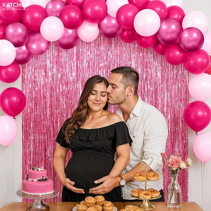 KatchOn, Valentines Day Decorations Set - Huge, Pack of 52 | Pink Fringe Backdrop Curtain and Latex Balloons for Galentines Day Decorations | Bachelorette, Birthday Decoration | Pink Party Decoration