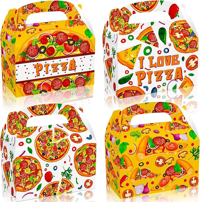 Roaring Good Time 12 PCS Pizza Party Favor Boxes Pizza Goodie Treat Bags Pizza Themed Birthday Party Supplies Pizza Birthday Decorations Bags