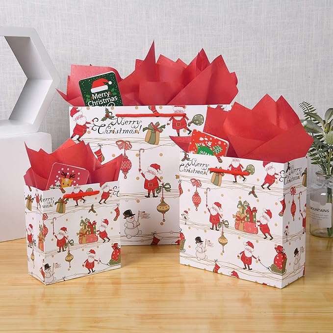 SHIPKEY 12 Pack Christmas Gift Bags, Santa Claus Holiday Paper Bags in 3 Assorted Sizes with Tissue Paper, Reusable Xmas Treat Bags for Gifts, Parties, and Holiday Wrapping