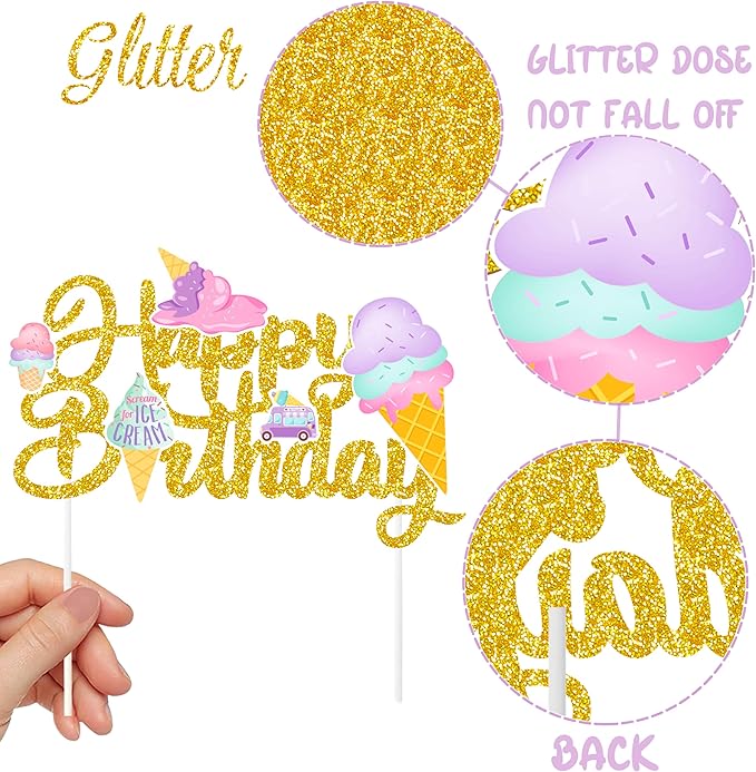 Birthday Cake Topper Decorations - Glitter Summer Ice Cream Party Decorations - Colorful Ice Cream Themed Kids Birthday Party & Baby Shower Supplies