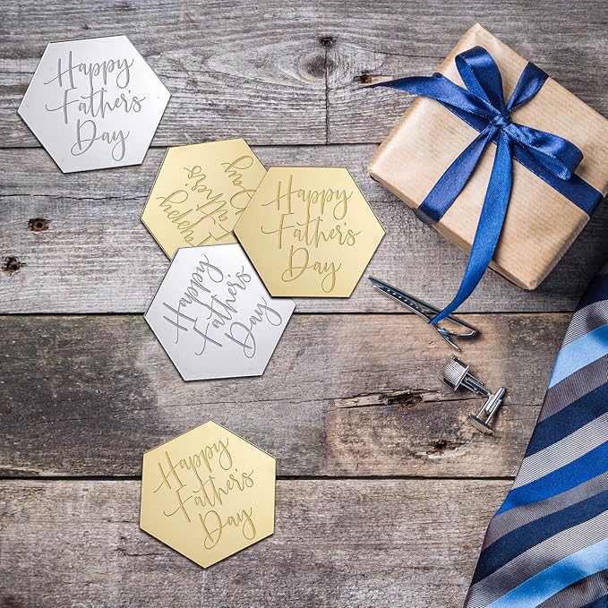 24 Pieces Happy Father's Day Cupcake Toppers Acrylic Cake Mirror Disc Cake Toppers Decorations Mini Glitter Engraved Discs for Birthday Party Dads Day Gifts(Hexagon)