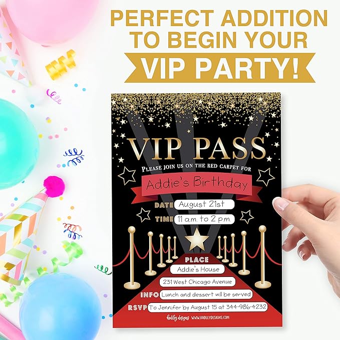 Hadley Designs Kids Birthday Invitations For Boys and Girls VIP Theme - 25 Movie Birthday Party Invitations For Boys, VIP Invites For Girls, Cute Popcorn Party Supplies, Made In USA