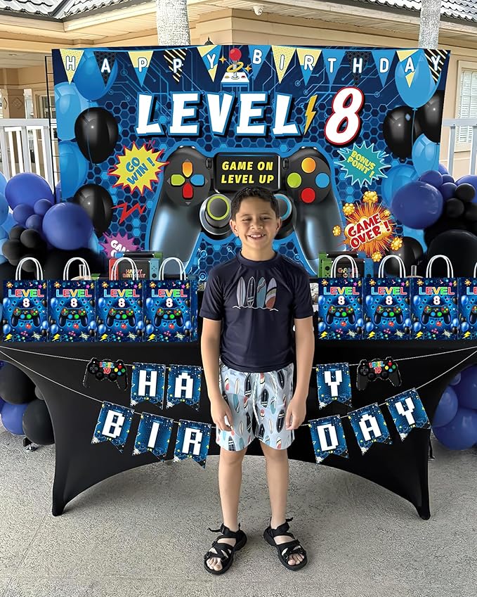 Tyndallrays 16 Pieces Video Game 8th Birthday Party Favors Bags,Video Game Level 8 Gift Snacks Treat Candy Favors Bags with Handles for 8th Birthday Party Decorations