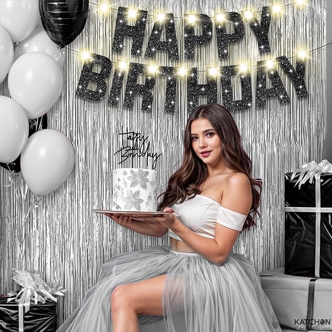KatchOn, Black and Silver Birthday Decorations Set - Pack of 5 | Glitter Happy Birthday Banner, Silver Backdrop, Led Light, Cake Topper | Happy Birthday Decorations for Men, Women, Girls and Boys