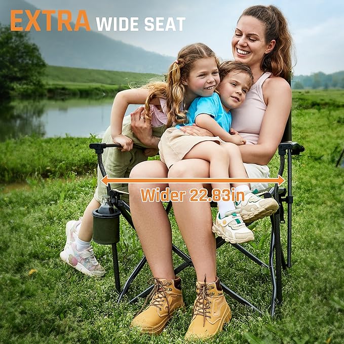 Folding Camping Chairs for Adults Heavy Duty Plus Size Camping Chairs 400 lb Steel Frame Metal Arm Lawn Chairs with Cup Holder, Extra Large Camp Chair for Outdoor Sports, Green 4 Pack (2 Pack x 2)