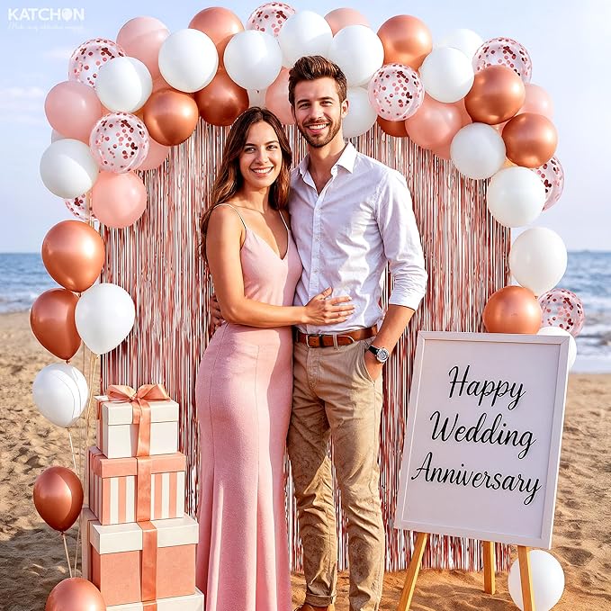 KatchOn Rose Gold Party Decorations Set – Pack of 52 | Rose Gold Fringe Backdrop with Latex Balloons Confetti Balloons for Birthday, Wedding, Anniversary, Bridal Shower, Bachelorette Party Decorations
