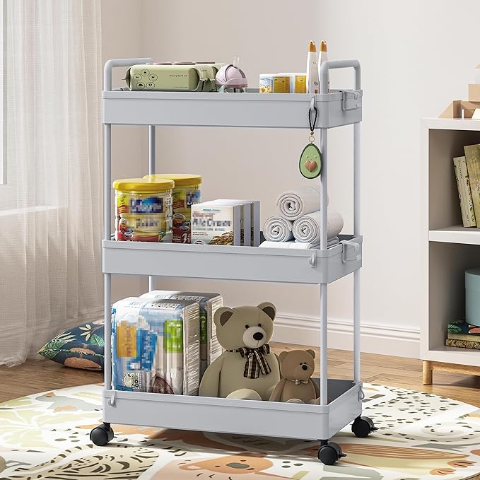 Ronlap 3 Tier Slim Rolling Storage Cart with Wheels Plastic Utility Cart Organizer for Snack Craft Art Postpartum Baby Diaper Nail Makeup in Bathroom Laundry Room Kitchen Bedside Narrow Space, Grey