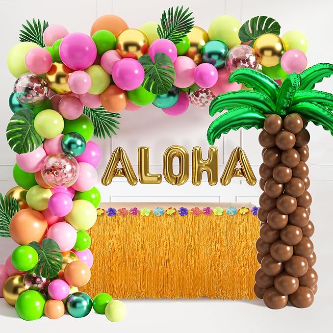 Tropical Luau Balloons Arch Garland Kit Luau Party Decorations with Palm Leaves Flamingo Palm Tree Aloha Foil Balloon Coconut Balloons Set for Tropical Hawaiian Flamingo Party (Aloha-A)