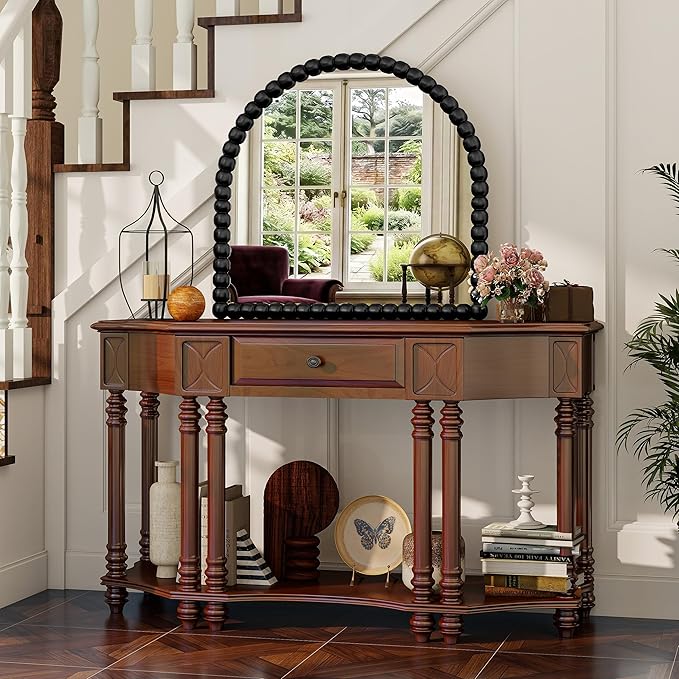 31"×32" Black Arched Bathroom Vanity Mirror, Vintage Beaded Decorative Wall Mounted Makeup Mirror, as Wall Decor Hanging Leaning for Fireplace Mantle, Living Room, Bedroom, Vanity Area