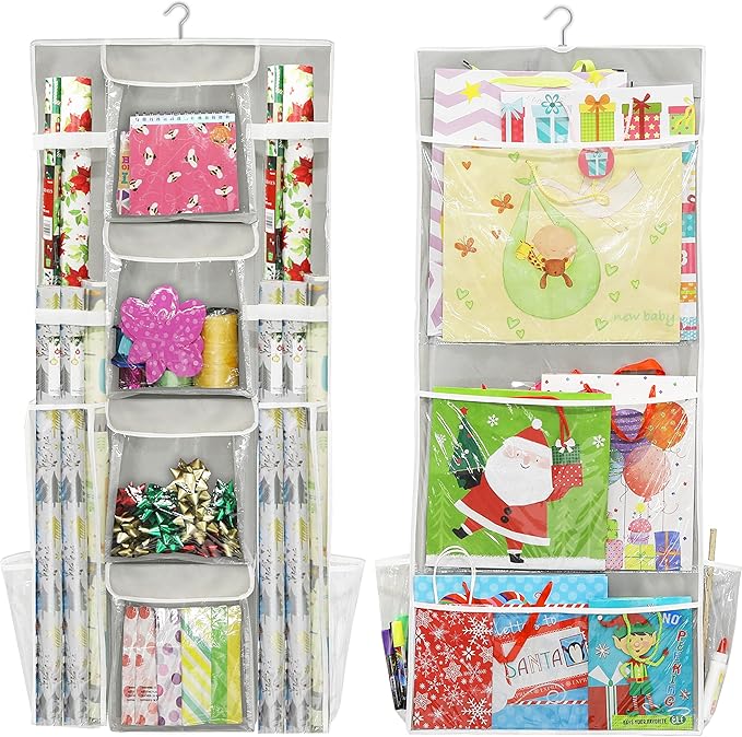 Simple Houseware Double-Sided Hanging Gift Wrap Organizer Storage Pockets, Gray (Set of 1)