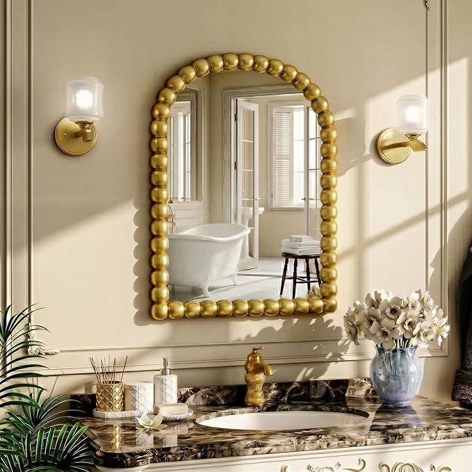 24"×36" Gold Arched Bathroom Vanity Mirror, Vintage Beaded Decorative Wall Mounted Makeup Mirror, as Wall Decor Hanging Leaning for Fireplace Mantle, Living Room, Bedroom, Vanity Area
