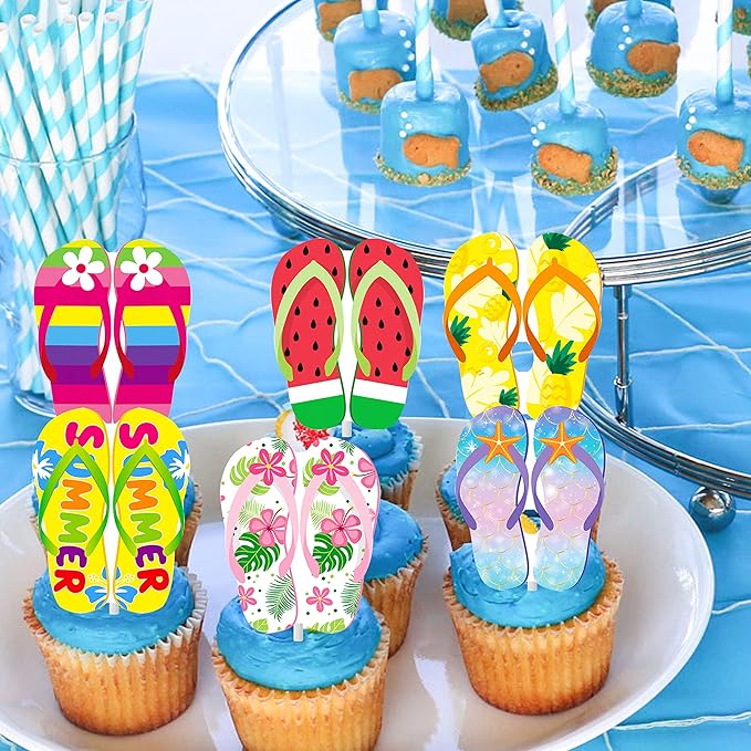 36pcs Beach Flip Flops Cupcake Toppers Summer Beach Party Cupcake Toppers Decorations Pool Decorations Supplies for Summer Birthday Tropical Luau Hawaiian Party Supplies