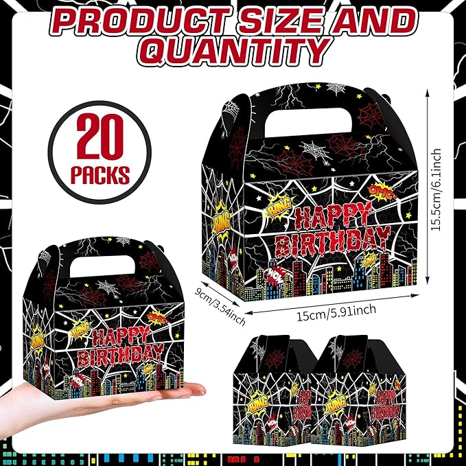 KMZFPYJ Black Spider Web Birthday Party Supplies, 20-Pack Party Favor Boxes for Kids Birthday, Double Sided Printed,Kraft Candy Treat Goodie Boxes For Party Baby Shower Decorations Supplies