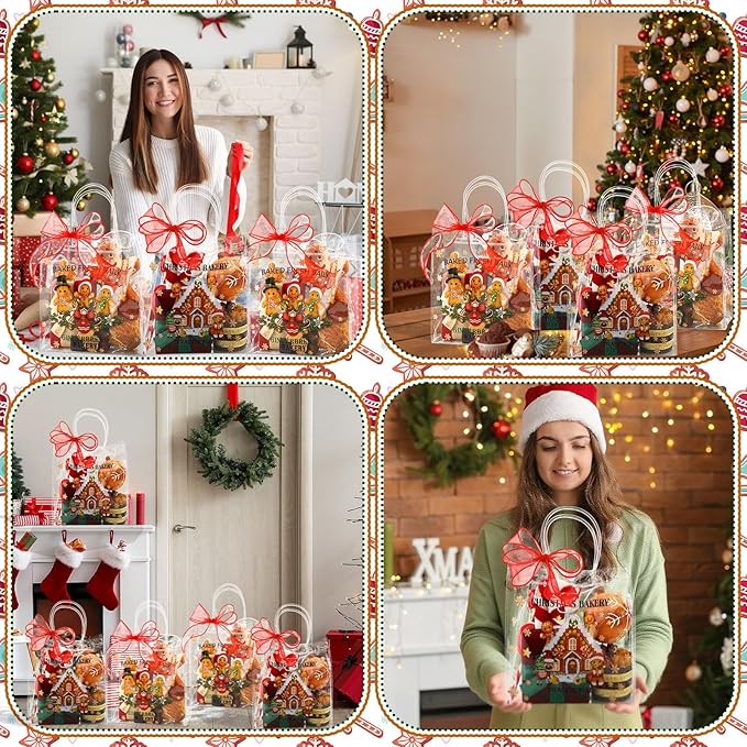 Motipuns 24 Pcs Clear PVC Gift Bags with Handles and Ribbon Party Favor Reusable Plastic Goodie Candy Treat Bags for Birthday Party Supplies(Gingerbread)