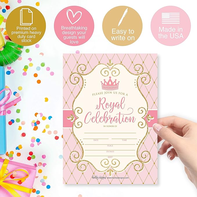 Hadley Designs Kids Birthday Invitations Girl Princess Theme - 25 Royal Birthday Party Invitations For Girls, Princess Invites For Girls, Cute Party Supplies, Made in USA