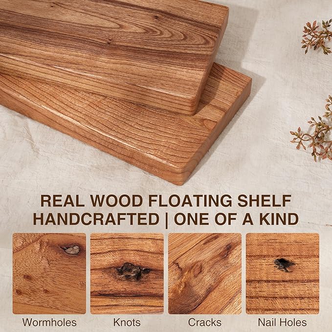 24 Inch Floating Shelves, Solid Wood Wall Shelves, 8 Inch Deep Floating Shelf – for Bathroom, Bedroom, Living Room, Kitchen, Home Decor & Storage, Heavy-Duty Wooden Shelf Wall-Mounted, Set of 2