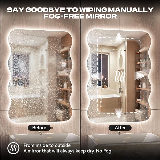 Hasipu Wavy Full Length Mirror with Lights - 60"×36" LED Wavy Floor Mirror, Frameless, Dimmable, Standing or Vertical/Horizontal Wall-Mounted Mirror for Bedroom, Living Room, Cloakroom