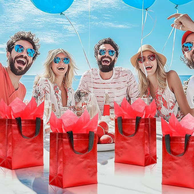 KeerxunBag 12pcs Reusable Gift Bags（Includes Tissue Paper） Gift bag with handle Birthdays Parties Holidays Weddings Medium 10x4x8in red Gift Bags