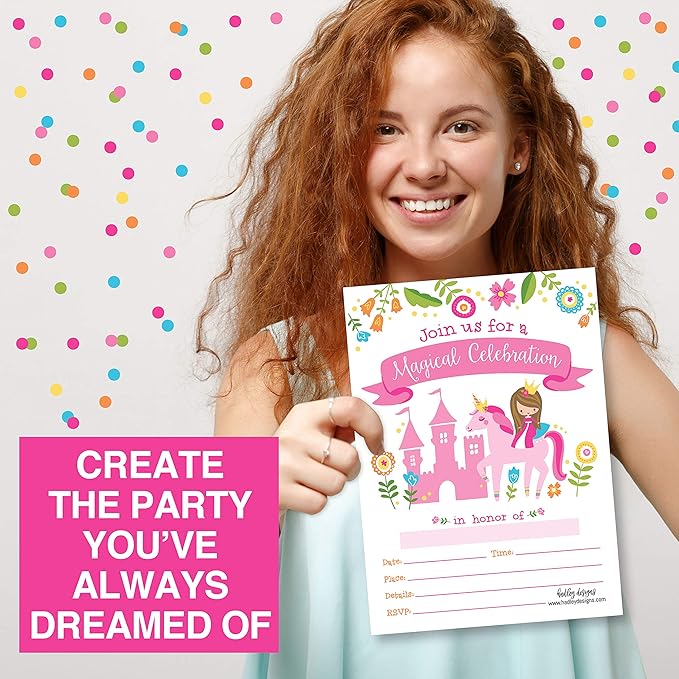 Hadley Designs Kids Birthday Invitations Girl Unicorn Theme - 25 Royal Birthday Party Invitations For Girls, Princess Invites For Girls, Cute Fairytale Party Supplies, Made in USA
