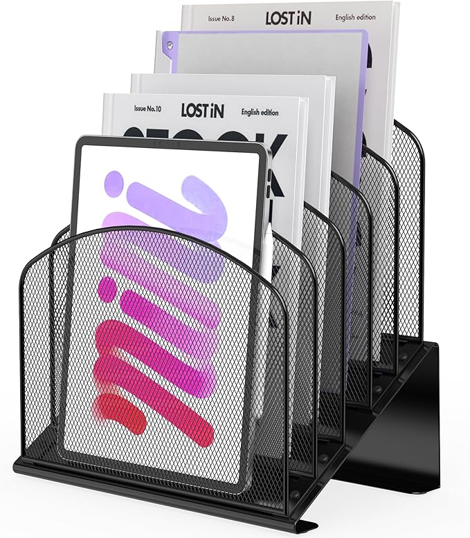Inclined Desk File Organizer Metal Desk Magazine Folder Holder with 5-Section Vertical Compartments Rack File Organizer for Office, Home, School, Black