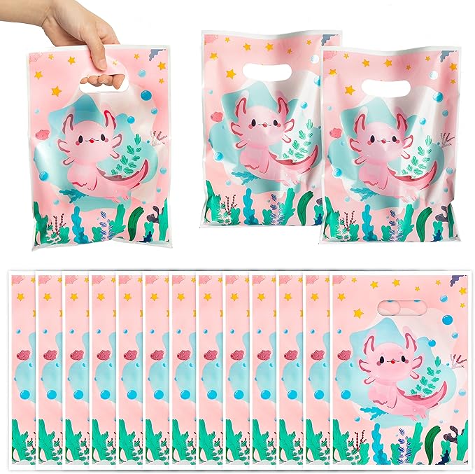 3sscha 50Pcs Axolotl Party Favor Bags Amphibian Themed Waterproof Goodie Bag with Die Cut Handles Reptile Animals Water Plants Plastic Candy Gift Pack for Baby Girl Birthday Baby Shower Decors Supplies