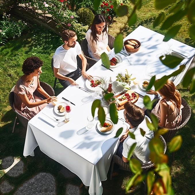 WEALUXE White Table Cloth for 8 Foot Rectangle Tables, 60x126 inches, Water, Stain and Wrinkle Resistant, 200 GSM Washable Poly Fabric Tablecloth Rectangular, Elegant and Durable