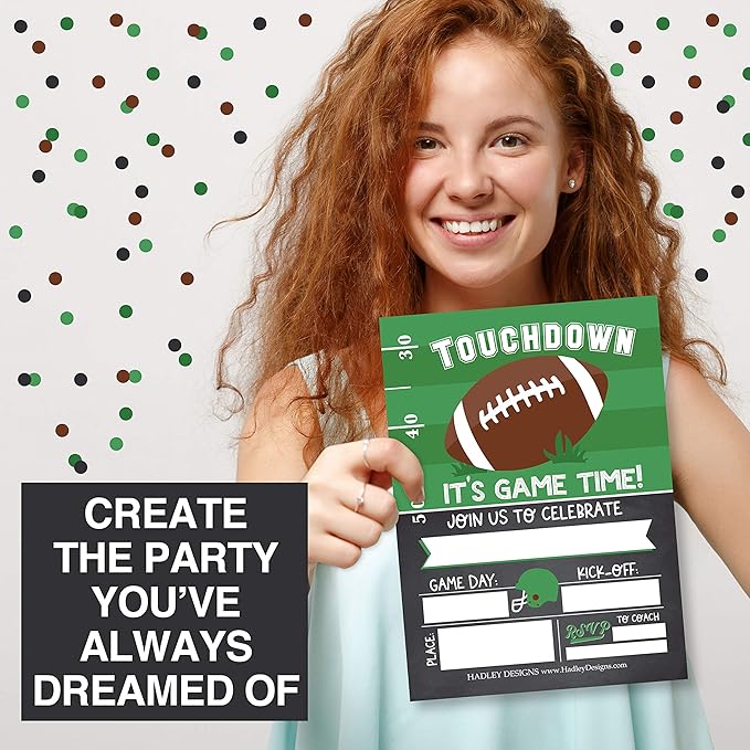 Hadley Designs Kids Birthday Invitations For Boys Football Theme - 25 Football Birthday Party Invitations For Boys, Touchdown Invites For Boy, Cute Party Supplies, Made In USA