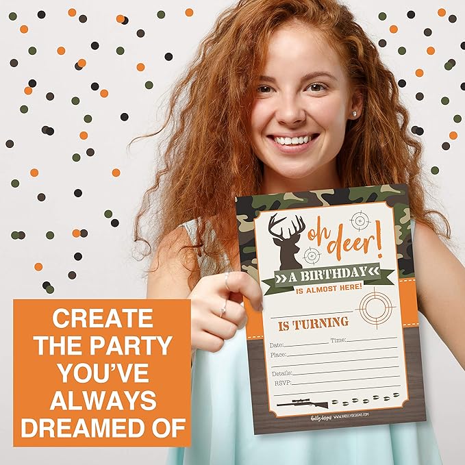 Hadley Designs Kids Birthday Invitations For Boys Camo Theme - 25 Deer Hunting Birthday Party Invitations For Boys, Camouflage Oh Deer Invites For Boy, Cute Hunting Party Supplies, Made In USA