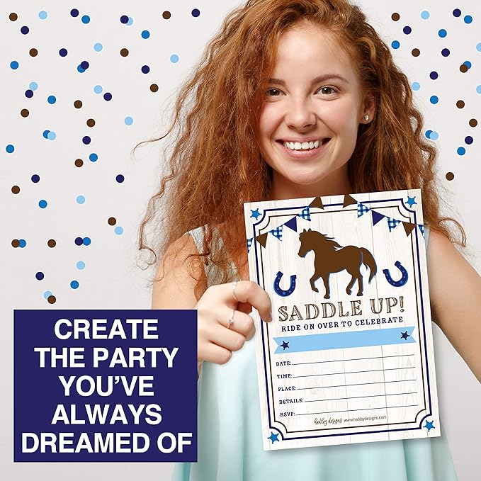Hadley Designs Kids Birthday Invitations For Boys Horse Theme - 25 Horse Birthday Party Invitations For Boys, Saddle Up Invites For Boy, Cute Pony Party Supplies, Made In USA