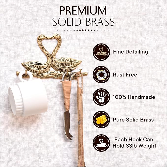 Indian Shelf 33lb. Swan Vintage Wall Hooks for Keys Decorative Gold Key Holder Antique Kids Wall Hooks Heavy Duty Coat Hook Brass Backpack Hanger
