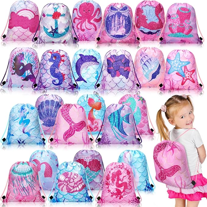 Shappy 24 Pack Drawstring Party Favors Bags Cartoon Animal Candy Goodie for Boys Birthday Kids Gift Return Girls Supplies(Mermaid)