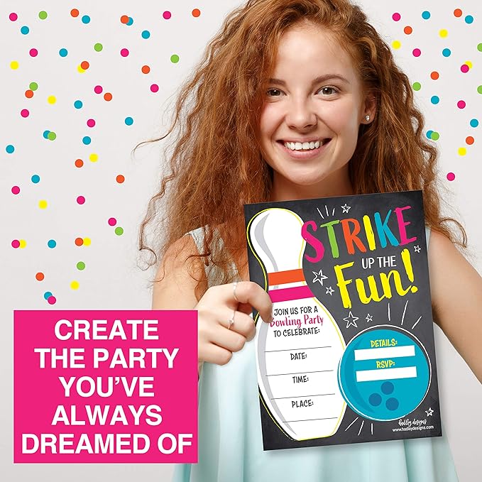 Hadley Designs Kids Birthday Invitations For Boys and Girls Bowling Theme - 25 Neon Birthday Party Invitations For Boys, Bowling Invites For Girls, Cute Party Supplies, Made In USA