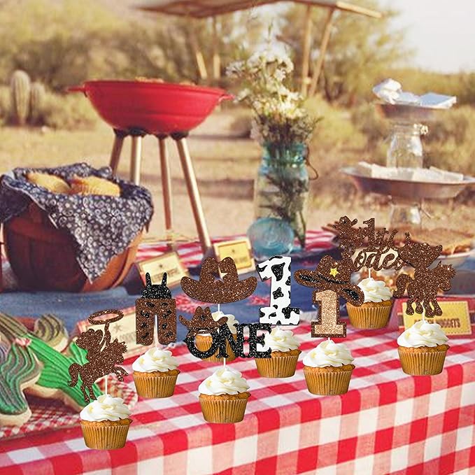 24Pcs Cowboy 1st Birthday Party Cupcake Toppers Western First Birthday Party Decorations Glitter My 1st Rodeo Party Cake Picks for Wild West Cowboy Theme Party Supplies