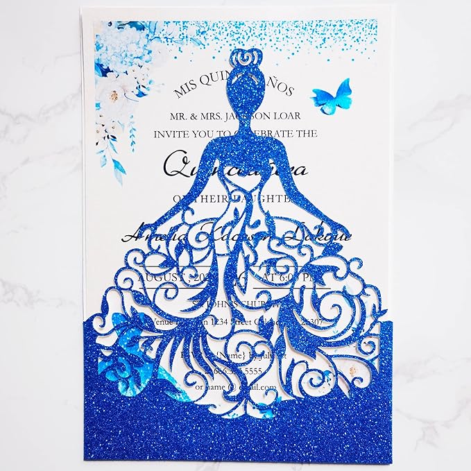 50PCS 5 x 7.3'' Personalized Quinceanera Invitations, Laser Cut Girl Princess Invitation Card Kit with Envelopes for Birthday Party, Quinceañera, XV Años, Mis Quince, Sweet 16 (Royal Blue Glitter)