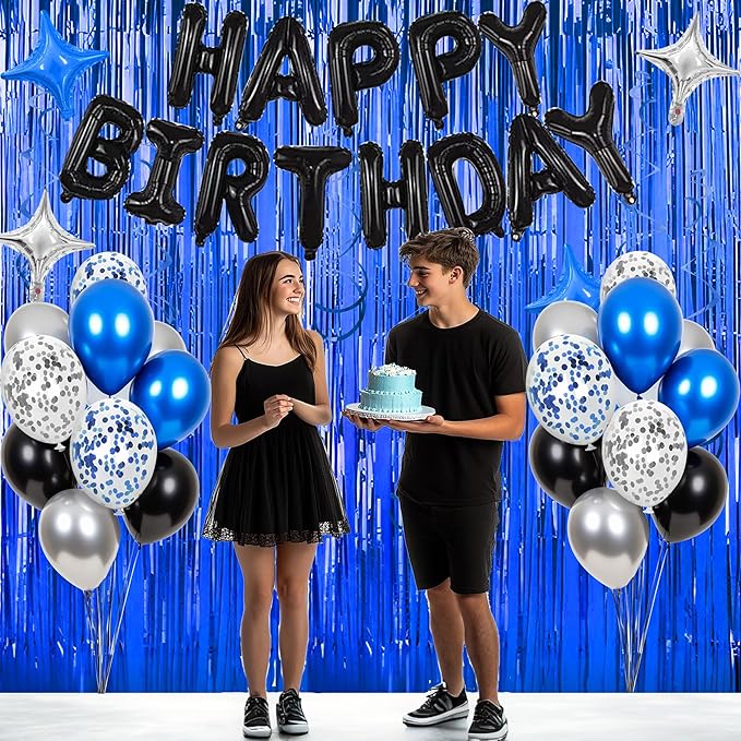 92 PCS Black and Blue Happy Birthday Decorations Balloons Fringe Curtains Vortex for Boys Men Girls Women 16th 18th 20th 21st 25th 30th 40th 50th 60th Birthday Party Decorations