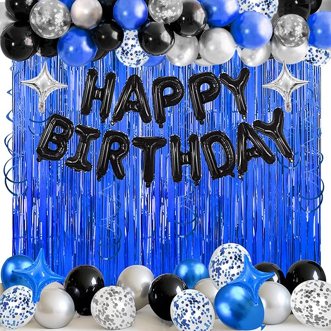 92 PCS Black and Blue Happy Birthday Decorations Balloons Fringe Curtains Vortex for Boys Men Girls Women 16th 18th 20th 21st 25th 30th 40th 50th 60th Birthday Party Decorations